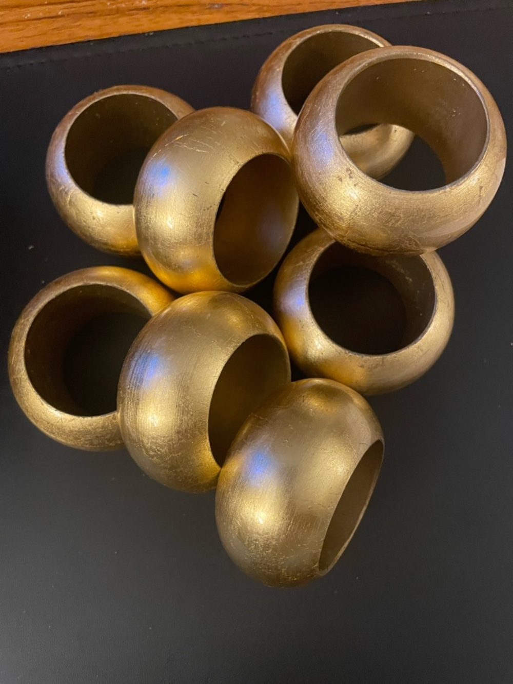 Napkin Rings gold finish over wood Set of 8
